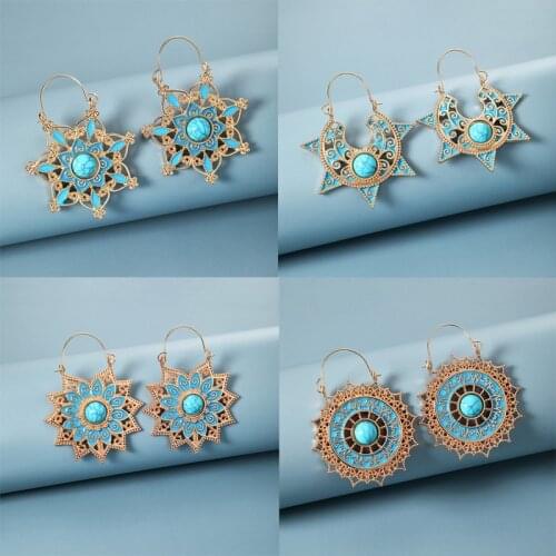 Tocona Vintage Blue Bead Star Drop Dangle Earrings for Women Hollow Geometric Gold Color Alloy Metal India Jewelry Pendient