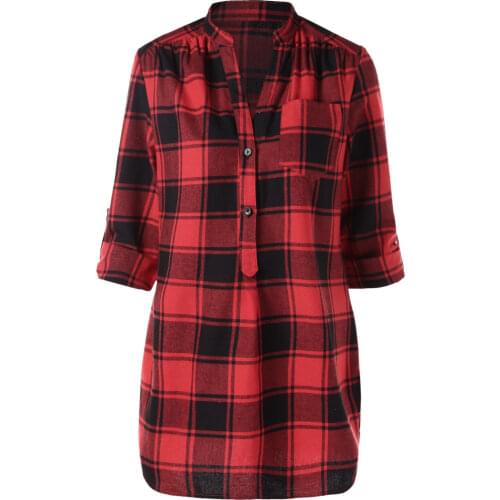 Wipalo Women Fashion Button Front Pocket Plaid Shirt Female Casual Three Quarter Roll Tab Sleeve Tartan Blouse Ladies Top 2XL