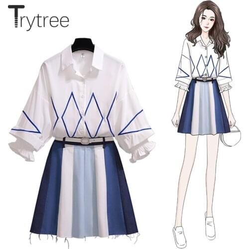 Trytree Summer Women Two Piece Set Casual Embroidery Geometric White Shirt + Pleated Skirt Belt A-line Office Lady 2 Piece Set