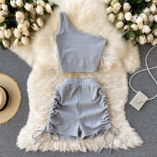 2021 Summer Clothing Suit Women Fashion One Shoulder Knitted Crop Top+Drawstring Shorts Two Piece Set Casual Outfit