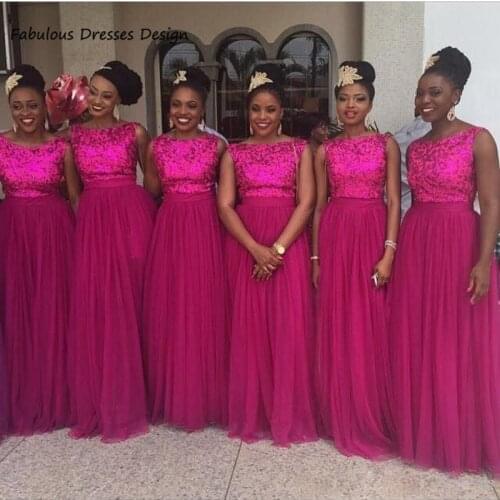 Fuchsia Sequin A Line Bridesmaid Dresses Long African O Neck Tulle 2021 Wedding Party Dress Customize Robe De Soiree De Mariage