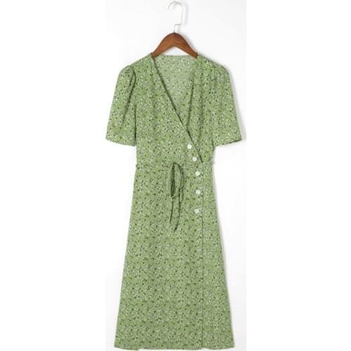 Summer Womens Casual Printed V-neck Short Sleeve Belted Slim Dress
