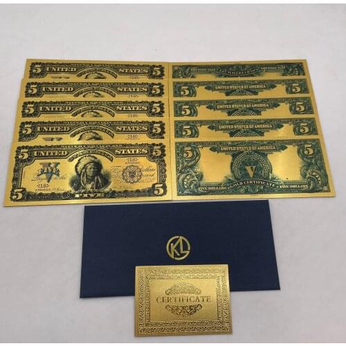 10pcs/lot 1899 Year USA USD Money 24k Gold Banknote Five USD Colorful Bills Plated Fake Money 5 Dollars Collections Banknotes
