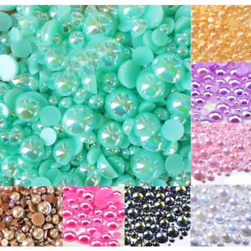 500Pcs Mixed 2-10mm Teal AB Half Round Pearl Beads Craft Cabochon Scrapbook Decoration Flatback Nail Art Garment Beads DIY