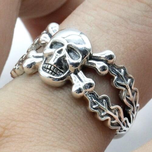 925 Sterling Silver Double Bone Skull Ring with Leaf at Side Gothic Punk Cool Style Ring for Men Women Biker Hiphop Rock Jewelry