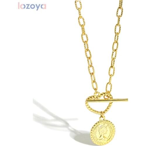 LOZOYA 925 Sterling Silver Gold Scorop Chain Necklace Rock Geometric Rectangle Chain Horoscope Coins Women Image Pendant Punk