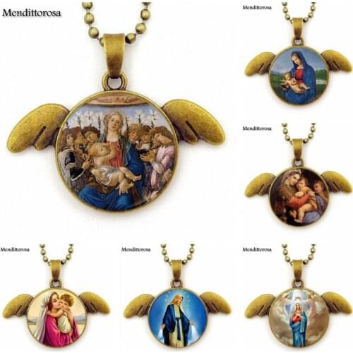 For Men Women Party Gift Virgin Mary Necklaces Personality Glass Bronze Angel Wings Pendant Necklace Jewelry