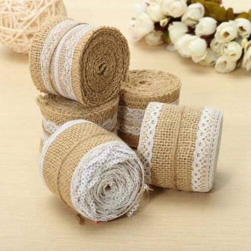 2M Natural Burlap Ribbon Roll Burlap Fabric White Lace Trims Tape Burlap Border for Wedding Decoration DIY Craft Decorations