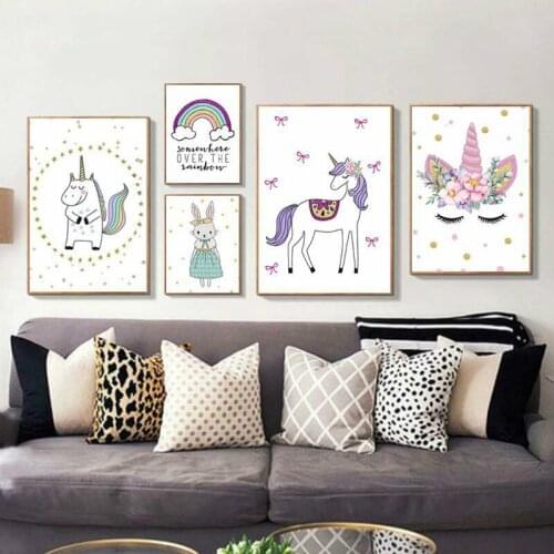 INS Unicorn Rainbow Nordic Decorative Canvas Painting Background Wall Pictures for Living Room Cartoon Nursery Painting Pictures