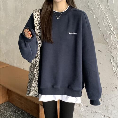 Fashion Korean Splicing Pullover Women Letter Solid Color Oversized Sweatshirt Autumn Winter Fleece Pullovers Student Kpop Tops