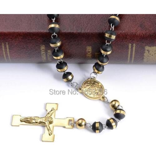8mm 28''+5'' New mens jewelry fashion rosary chain black plastic ball & stainless steel necklace Jewelry Gold Cross