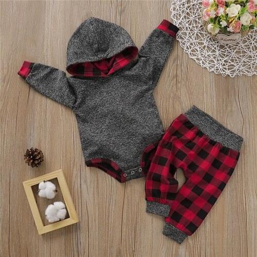 Toddler Kids Baby Boys Girls clothes Plaid Pants Hooded long sleeve Geometry Bodysuit 2pc autumn cotton lovely newborn Outfits