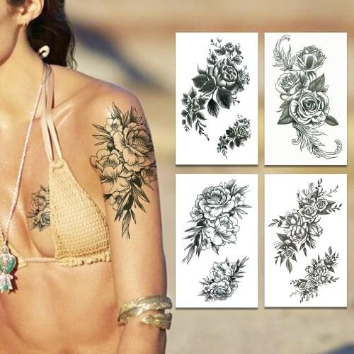 Daisy Flower Fake Temporary Tattoos For Women Girls Black Jasmine Tattoo Sticker Sunflower Branch Waterproof Tatoo Painting Hand