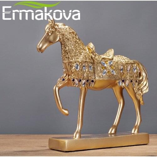 ERMAKOVA Resin Golden Trotting Horse Statue Animal Sculpture Horse Figurine Miniature Home Office Decor