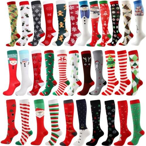 Christmas Compression Unisex Stockings High Quality Relieve Muscle Fatigue Knee High Long Women Men Socks Elk Snowman SantaClaus