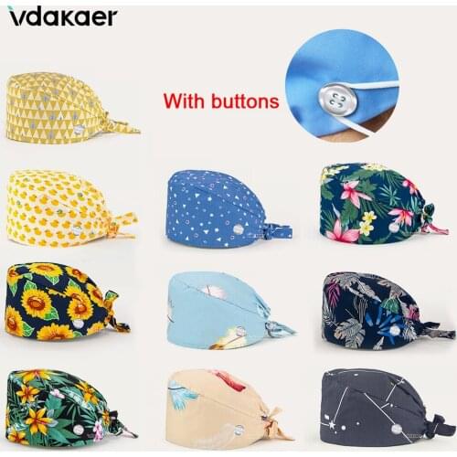 High Quality Nursing Hat scrub Cap Cartoon Printing Pet shop accessories Hat hygiene Dental scrub cap with button scrub hat