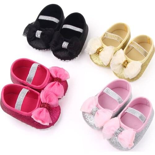 Newborn Baby Girls Spring Summer Autumn Flats Glitter Bowknot Solid Color Princess Shoes No-Slip First Walkers Baby Girl 0-18M