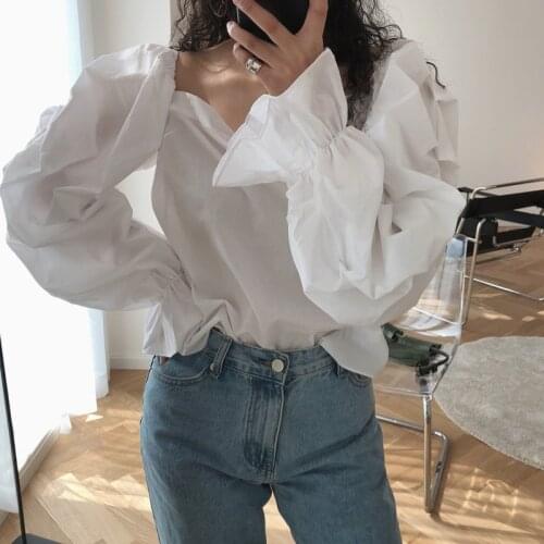 New Autumn And Winte Fashion Casual White Bubble Sleeve One-line Shoulder Square Collar Slim Shirt Top Women C193