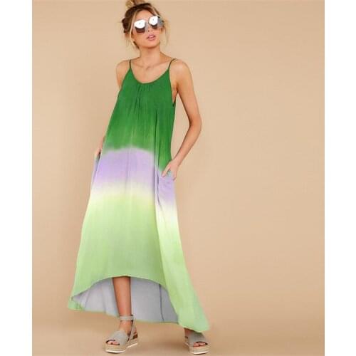 Women Sling Dresses Gradient Symphony Swing Dress Deep V-Neck Sleeveless Backless Dress Beach Dress