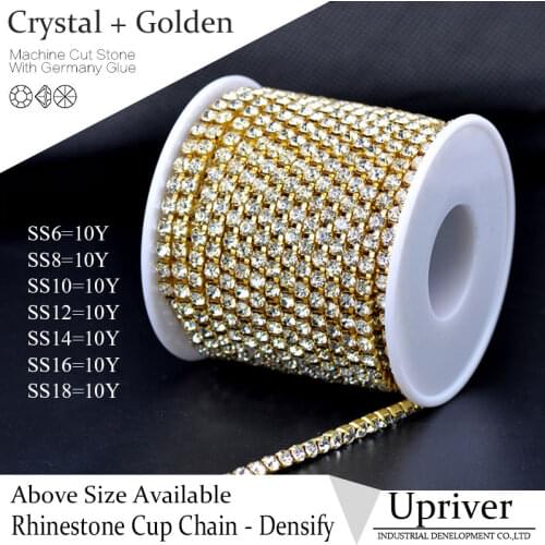 Upriver Golden Base Densify Claw Bright Glass Crystal AB Rhinestone Cup Chain 10yards/roll For Clothing Accessories