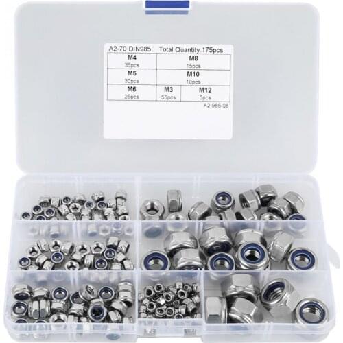 175Pcs/Lot M3 M4 M5 M6 M8 M10 M12 Stainless Steel Hex Nuts Screw Assortment Kit With Plastic Box Fasteners High Quality