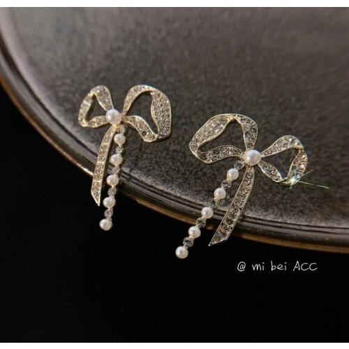 Besimpol Korean Version Real 925 Silver Bowknot Stud Earrings Sweet Elegant Pearl Diamond Earrings For Women Fine Jewelry Gifts