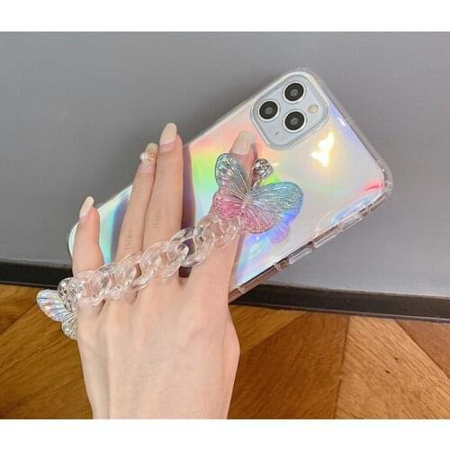 Crystal Butterfly Bracelet Chain Laser Glitter Phone Case For iPhone SE 2020 12 11 Pro Max XR XS Max X 7 8 Plus Bling Soft Cover