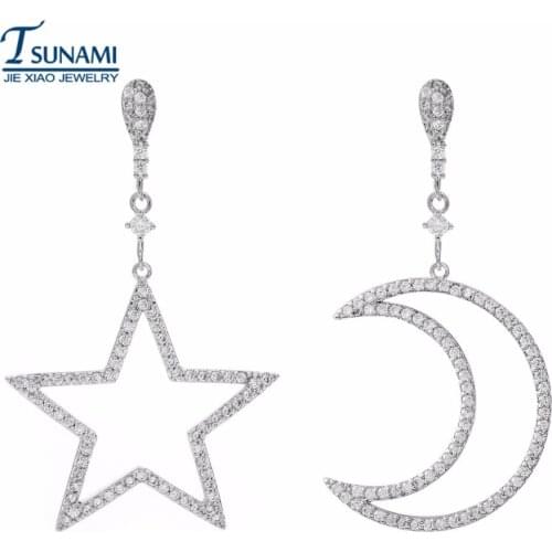 Famous brand star moon asymmetric zircon earrings A long swing of zircon earrings as a gift for women/girls ER-086