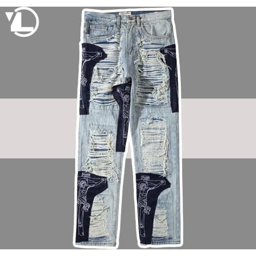Hole Fringe Jeans Men Jesus Cross Embroidery High Street Pants Tassel Ripped Retro Denim Trousers Baggy Harajuku Jean Pant Male