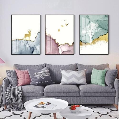 Abstract Canvas Paintings Gold Leaf Landscape Elk Posters and Prints Nordic Art Living Room Home Wall Decoration Pictures