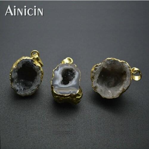 Geode Drusy Gold Plating Hollow Out Druzy Crystal Pendants Fashion Earring Necklace Making Findings 5pcs/lot