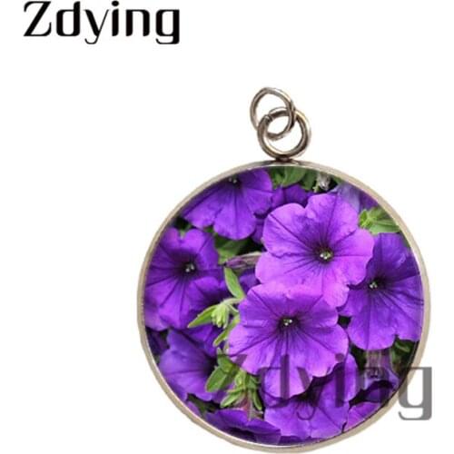 Zdying Beautiful Purple Flowers Stainless Steel Pendants Glass Cabochon Lavender Picture Dome Charm Jewelry Accessories XY054