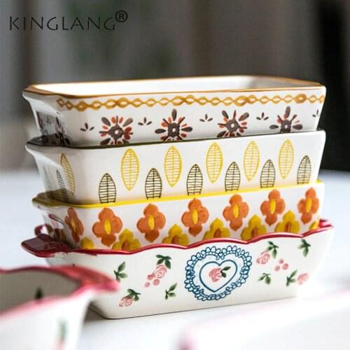 KINGLANG Creative Baking Tray with Handle Ceramic Baked Rice Plate Household Rectangular Cheese Baked Rice Plate