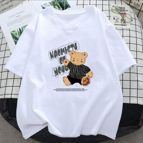Summer Cotton Harajuku T-shirts Kawaii White Toys Bear Pattern Women Casual Tee Shirt Short Sleeved Loose Oversized T shirt Tops