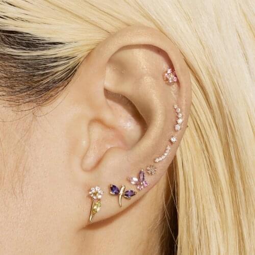 Minimal 925 sterling silver cute lovely small stud multi piercing Blooming daisy flower Branch cz silver earring girls jewelry