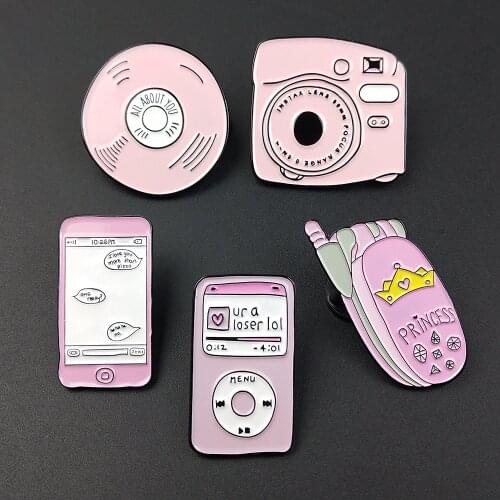 Fashion Pink Phone Camera Enamel Pins Brooches DIY Badges for Girls Bags Metal Pin Gifts Jewelry Brooch For Clothes Backpack Hat