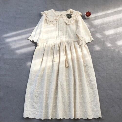Mori Series Sweet Japan Style Solid Cotton Embroidered Dress Women Casual Drawstring Waist Princess Dress