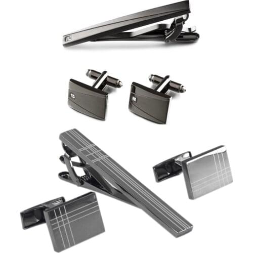 5sets/lot Business Gunblack Rectangle Cufflinks Tie Clip Set Crystal Laser Grid Cuff Links&Tie Pin Bar Set Mens Jewelry
