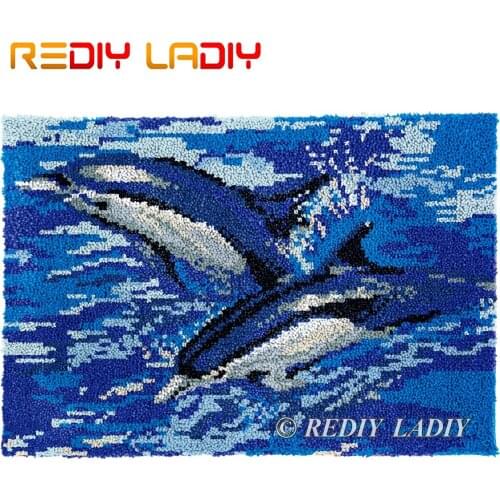 Latch Hook Kits Plush Wall Tapestry Kits DIY Carpet Rug Blue Dolphins Crochet Cushion Floor Mat Thick Yarn Arts & Crafts 85*58cm