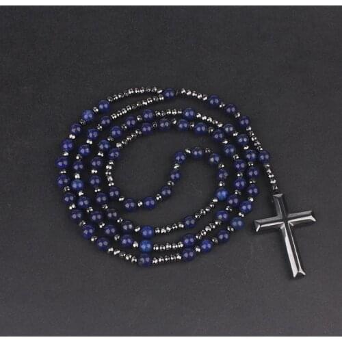 Ntural Gemstone Rosary Tiger-Eye Lapis Lazuli Spectrolite Beads Long Necklace Hematite Cross Pendant Religious Jewelry
