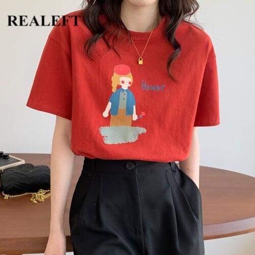 REALEFT Summer 2021 New Cartoon Printed Short Sleeve Womens T-Shirts Chic Bottoming O-Neck Casual Loose Shirts Tops Tee Ladies