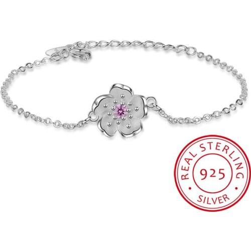 Luxury 925 Sterling Silver Bracelets Purple/Pink Zirconia Plum Blossom Flower Bracelets & Bangles For Women pulseira