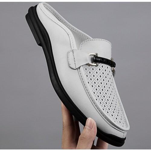 Luxury Mens Slippers Genuine Leather Half Drag Casual Shoes High Quality Slip on Loafers Breathable Summer Man Flat Beach Sandal