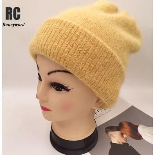 Real Rabbit Fur Winter Hat for Women Thick Ski Plaid Beanies Cashmere Wool Knitted Beanies Warm Soft Knit Hat Bonnet Skullies