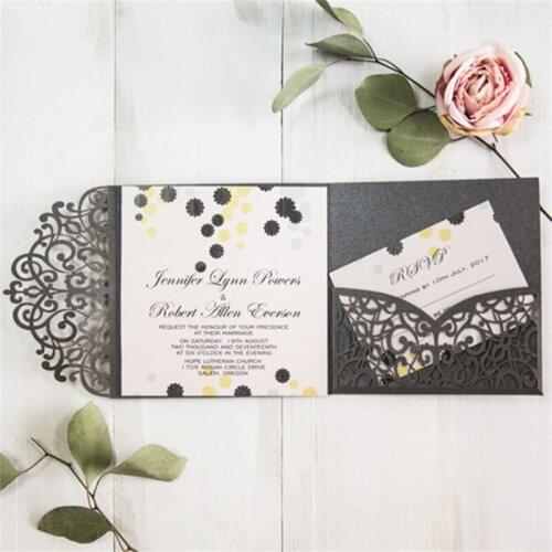 Laser cut wedding cards tri-fold grey flower invitation pocket multi colors