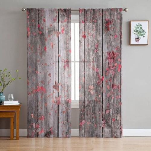 Red Leaves On Wooden Board Tulle Sheer Window Curtains for Living Room Kitchen Children Bedroom Voile Hanging Curtain