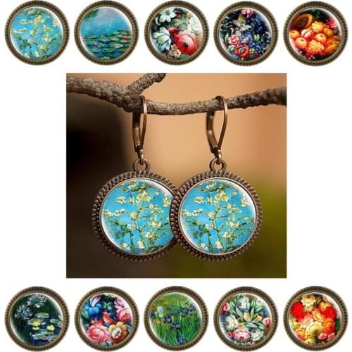 8Seasons Vintage Copper Hoop Earrings Women Glass Round Flower Pattern Wedding Party Jewelry Statement Earring Accessories,1Pair