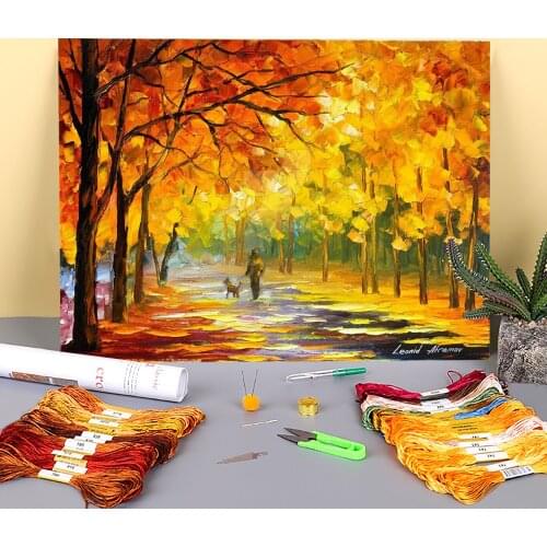 Walking My Dog Printed Water-Soluble Canvas 11CT Cross Stitch Embroidery Kit DMC Threads Handicraft Handiwork Adults