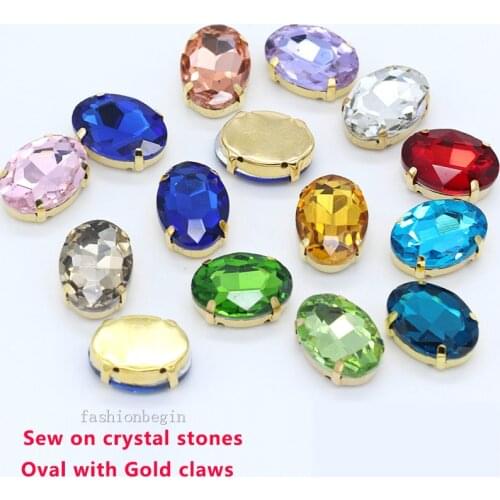 All-size Oval sparking glass stone flatback sew on crystal rhinestones jewels 4-Hole Beads gold plated button wedding dress Trim