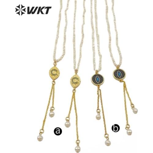 WT-MN955 New! real natural pearl Necklace with 18inch evil eye moon patterns gold Necklaces ladies Necklace Jewelry finfings